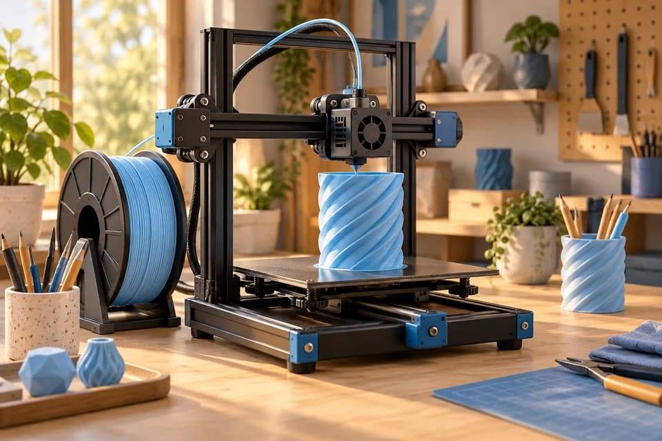 Conceptual desktop printer building a spiral pencil cup.