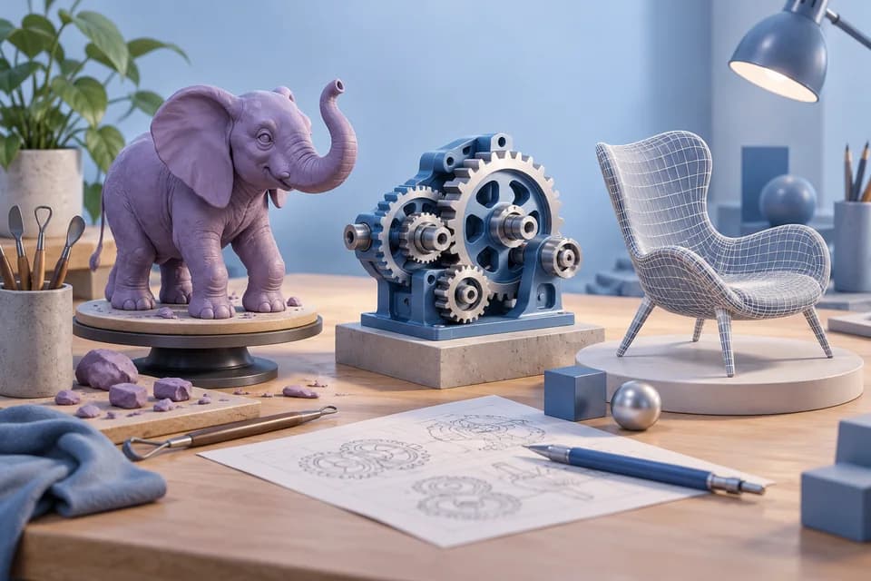 Conceptual sculpt, mechanical assembly and wireframe chair representing modeling categories.
