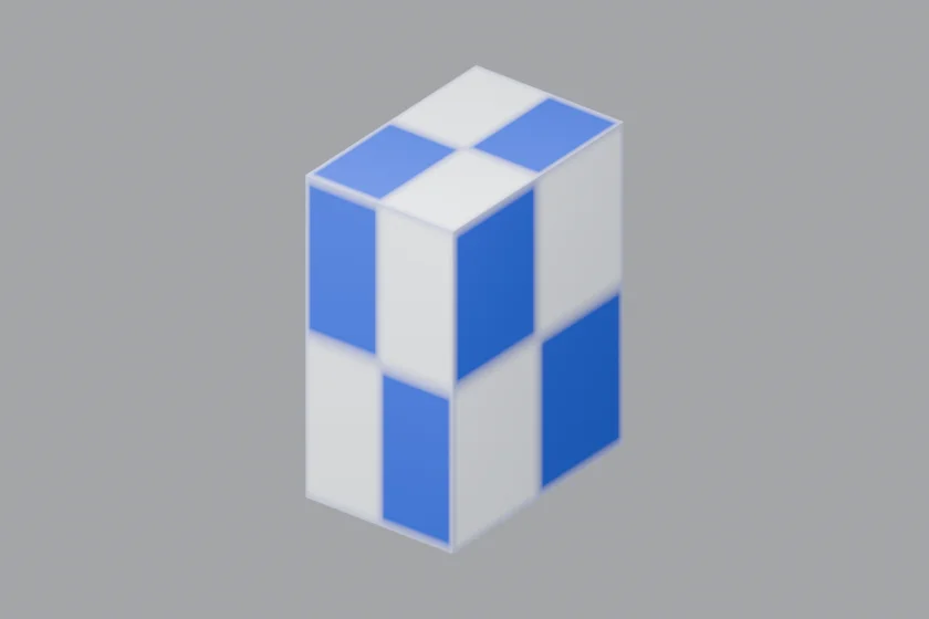 Blender render of the original blue and white checker-textured box used for the format round-trip example.